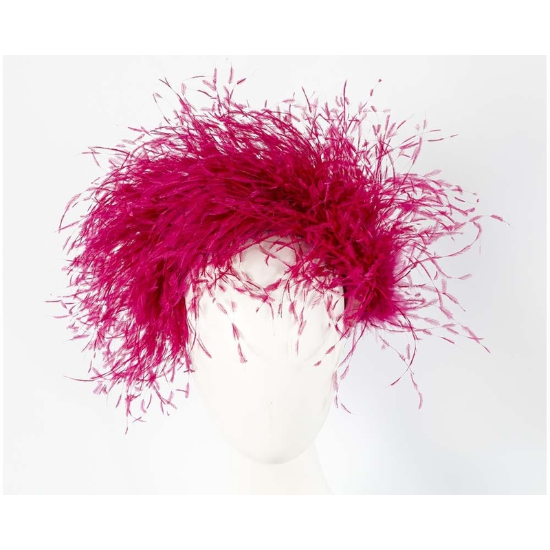 Bespoke fuchsia headband with strih feathers by Cupids Millinery