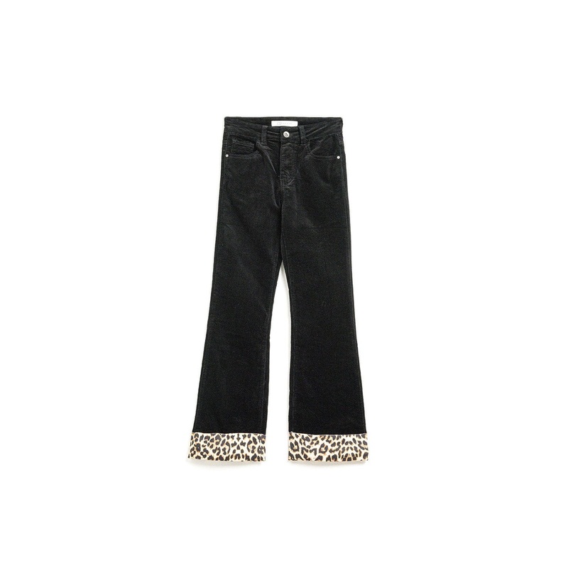 Black Corduroy Flare Pants With Leopard Print At The Bottom