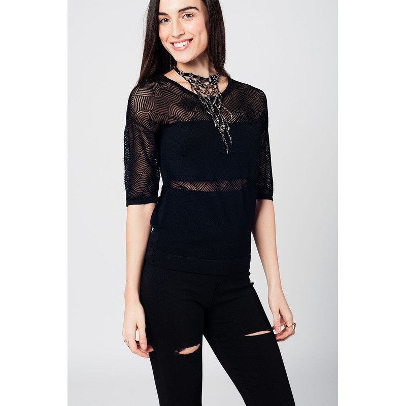 Black Knitted Top With Lace Contrast Detail