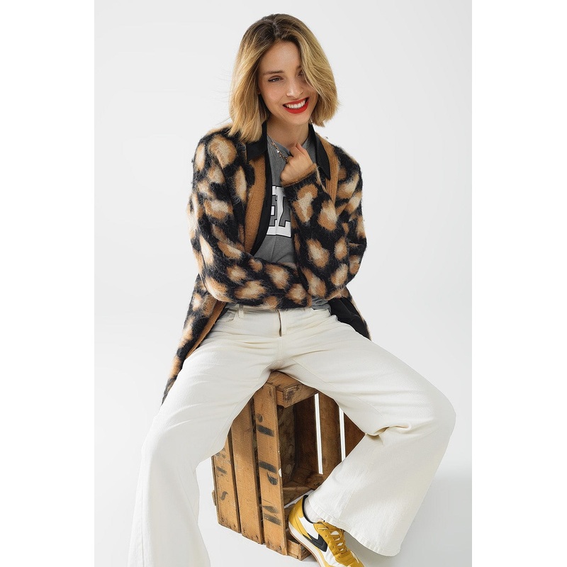 Black Leopard Print Cardigan Made Of Knitted Fabric With Wool