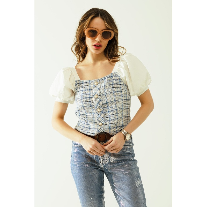 Blue Tweed Top With Voluminous Short Sleeves And Pearl Buttons