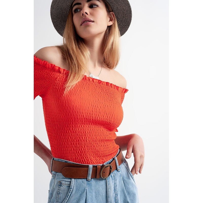 Cooord Ruched Bardot Crop Top In Orange