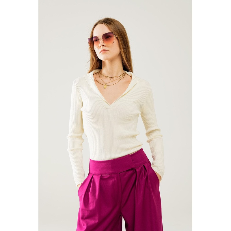 Cream Collared Rib Sweater With Long Sleeves