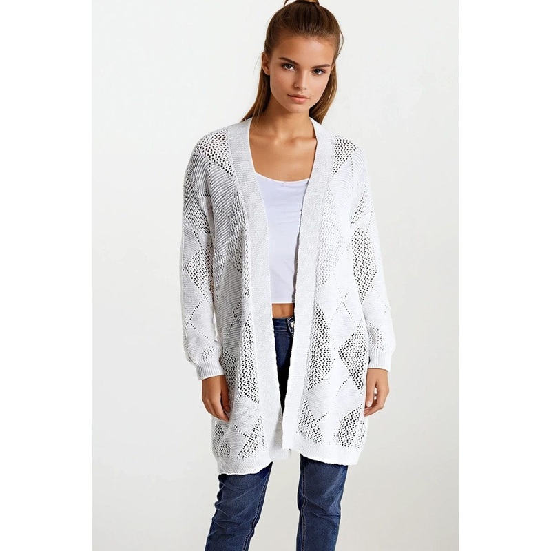 Cream Draped Cardigan With Crochet Design