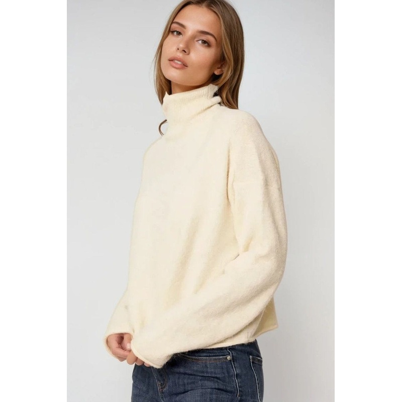 Cream Fluffy High Neck Relax Fit Sweater