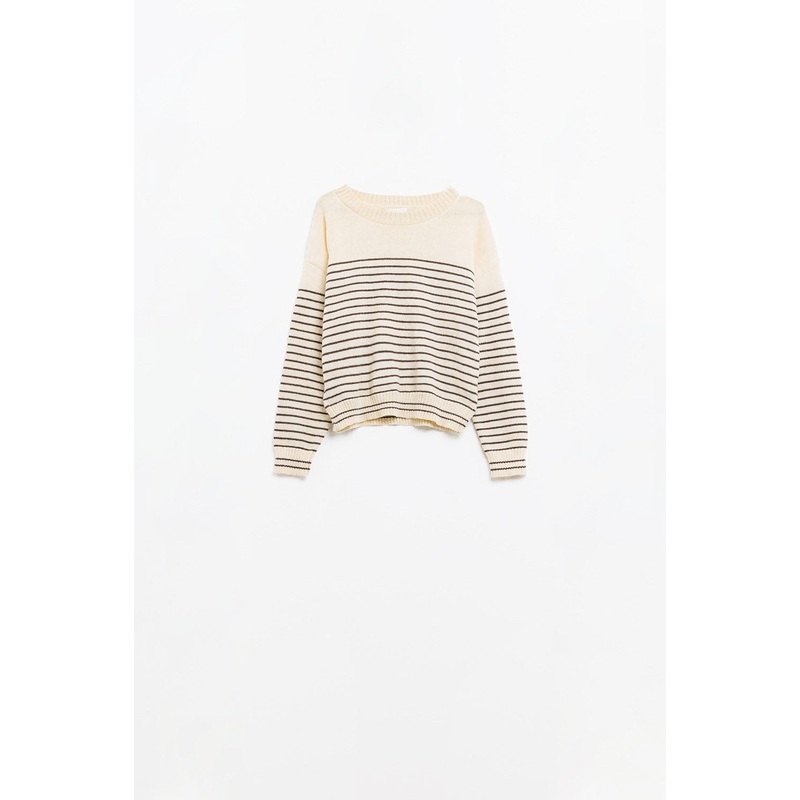 Cream Sweater With Brown Stripes And Boat Neck
