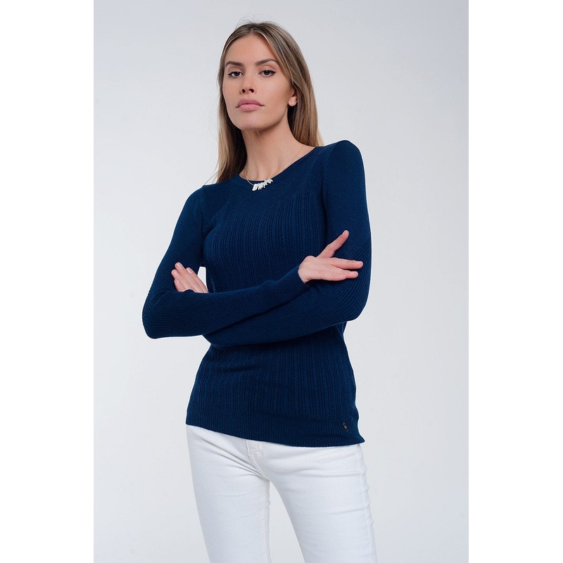 Crew Neck Ribbed Sweater In Navy