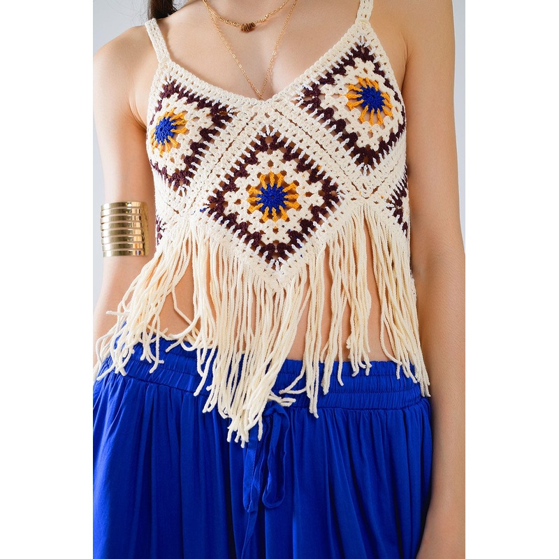 Crochet Top With Fringe Ends In Cream