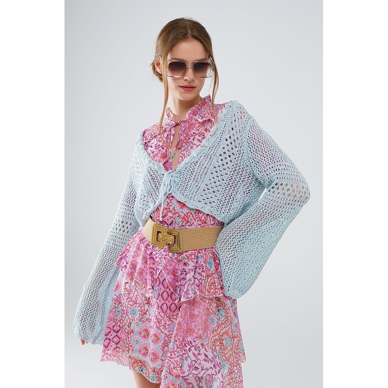 Cropped Cardigan In Baby Blue With Tie Closing