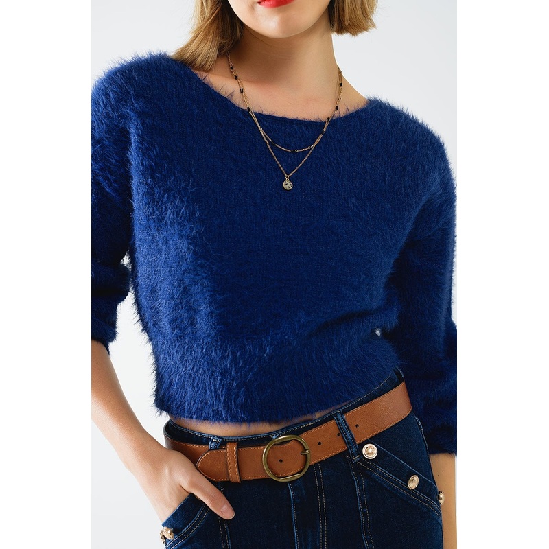Cropped Fluffy Sweater In Navy Blue Fitted At The Waist