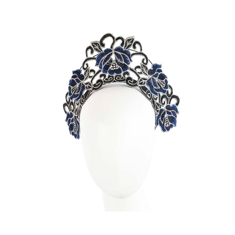 Exclusive Black & Blue Lace Crown Fascinator by Cupids Millinery