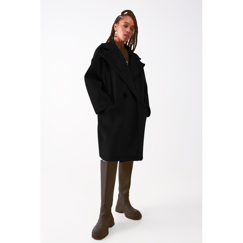 Faux Suede Oversized Coat In Black