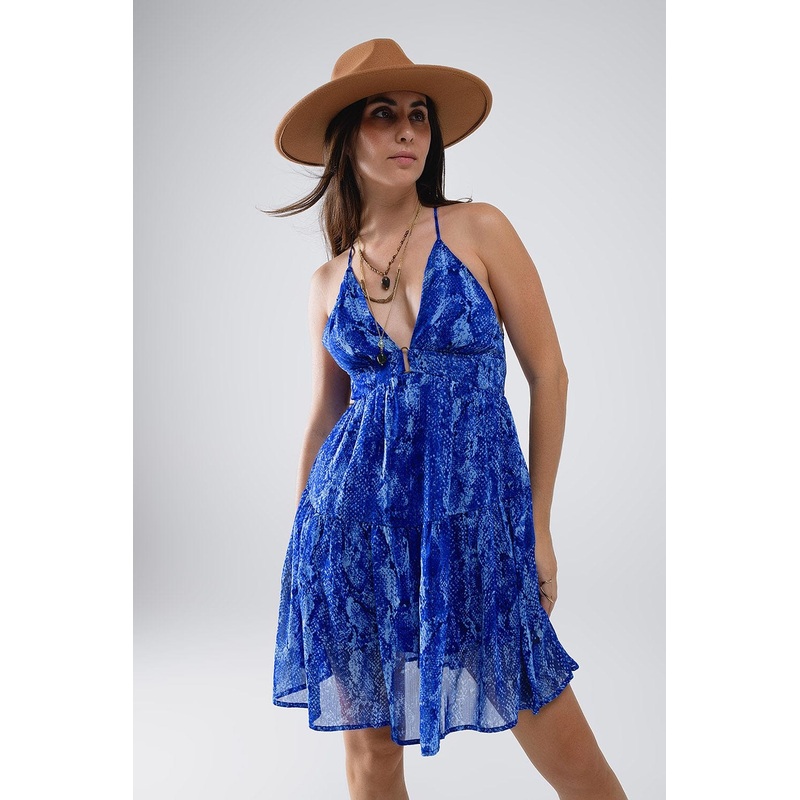 Halter Open Back Babydoll Dress In Snake Blue Print