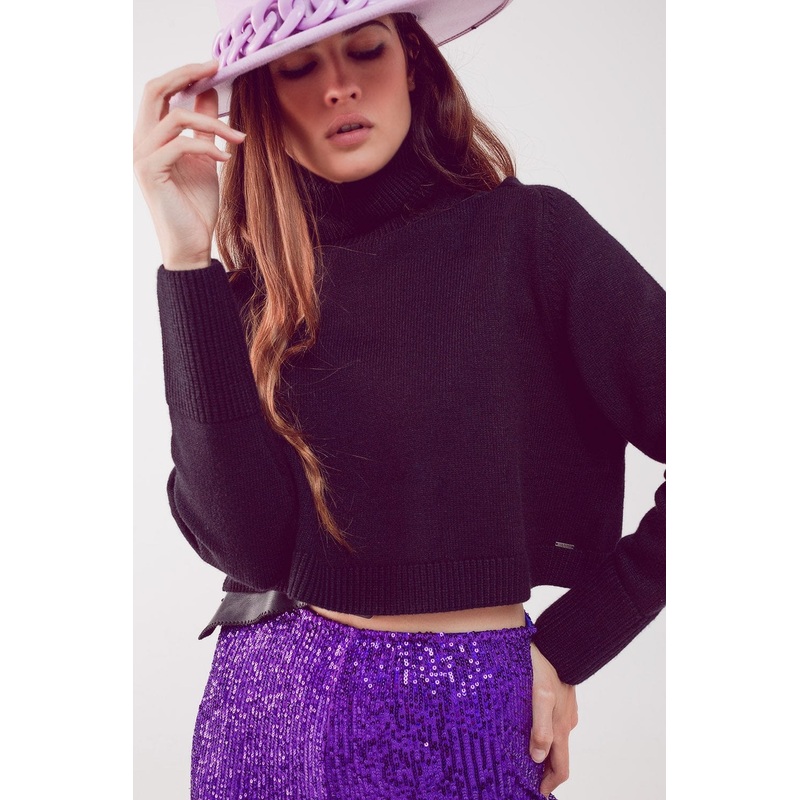 High Neck Cropped Jumper In Black