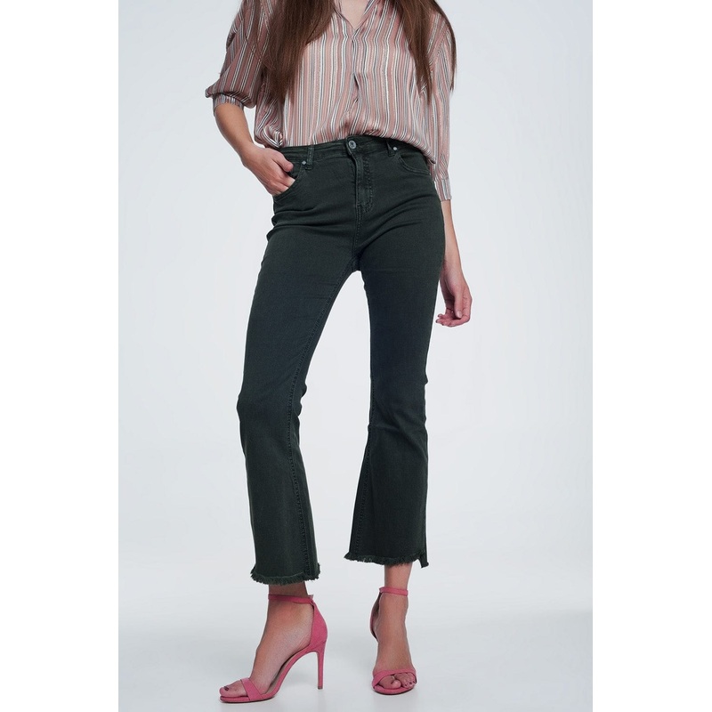 High Rise Raw Hem Flared Jeans In Khaki