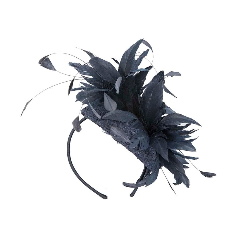 Large navy pillbox with feather flower