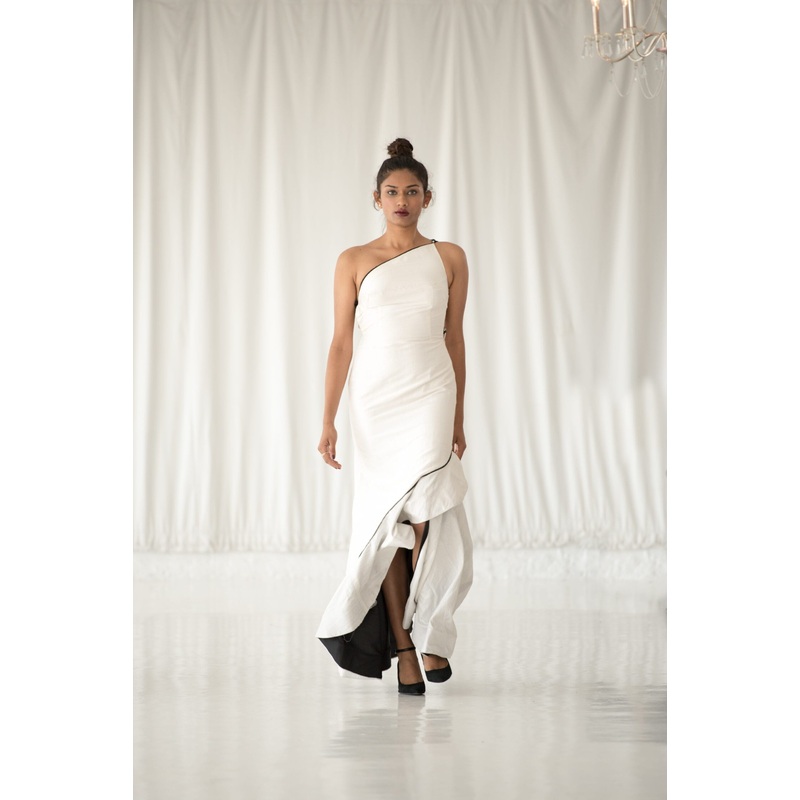 Lavanya Coodly One Shoulder Beaded Floor Length Silk Floor Length Black and White Gown