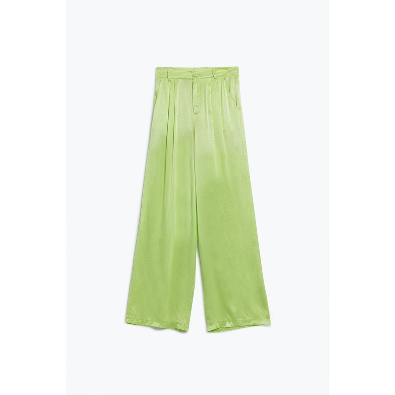 Lime Flared Satin Pants With Pockets