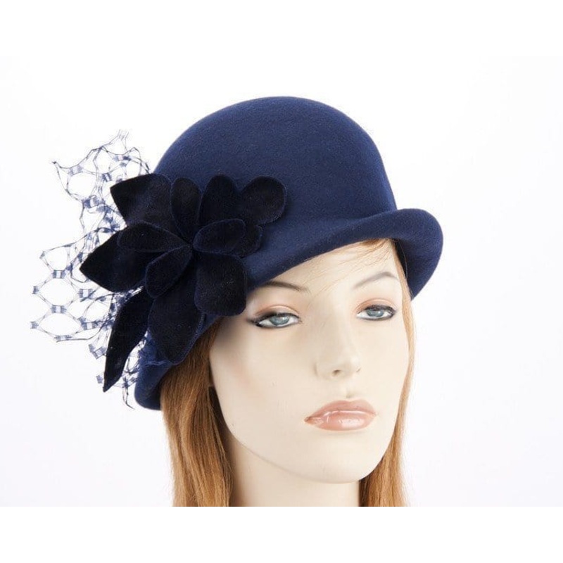 Navy felt bucket hat with flower F589N