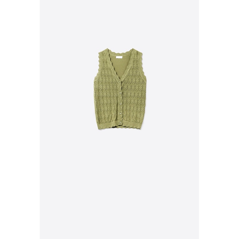 Pointelle Knitted Vest With Scalloped Edges In Khaki