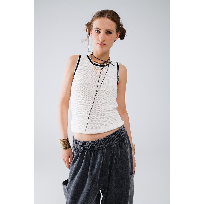 Pointelle White Sleeveless Top With Black And White Trim Detail