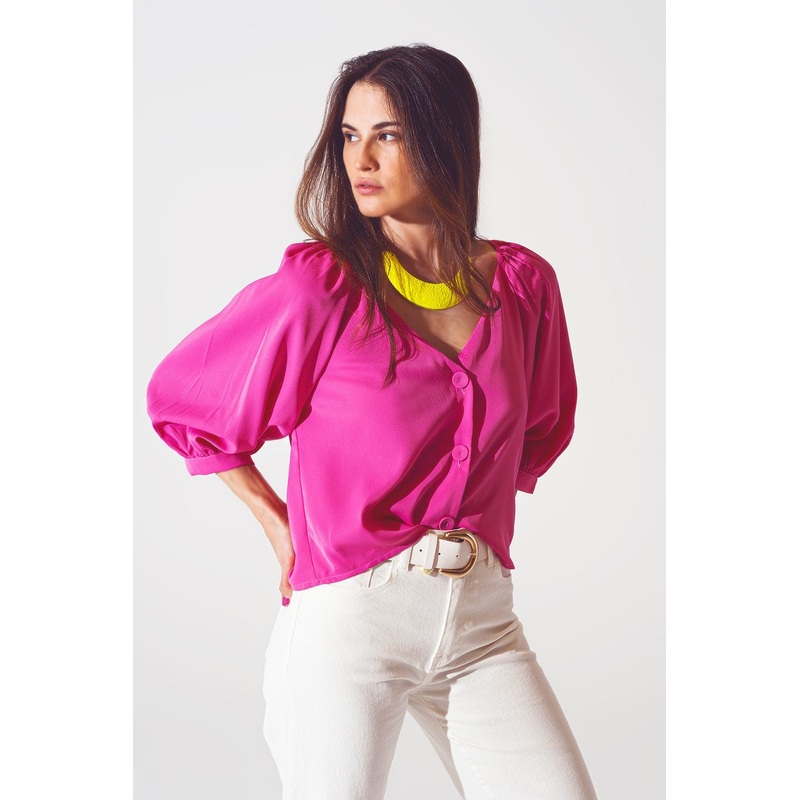 Satin Button Through Shirt In Fuchsia