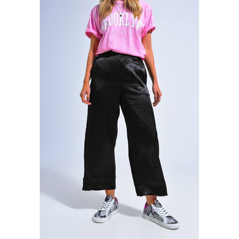 Satin Wide Leg Suit Pants In Black