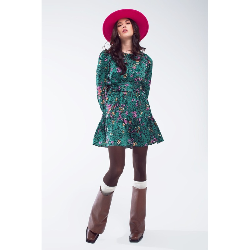 Short Printed Dress With Tiered Skirt And Ruffled Cuff In Forest Green