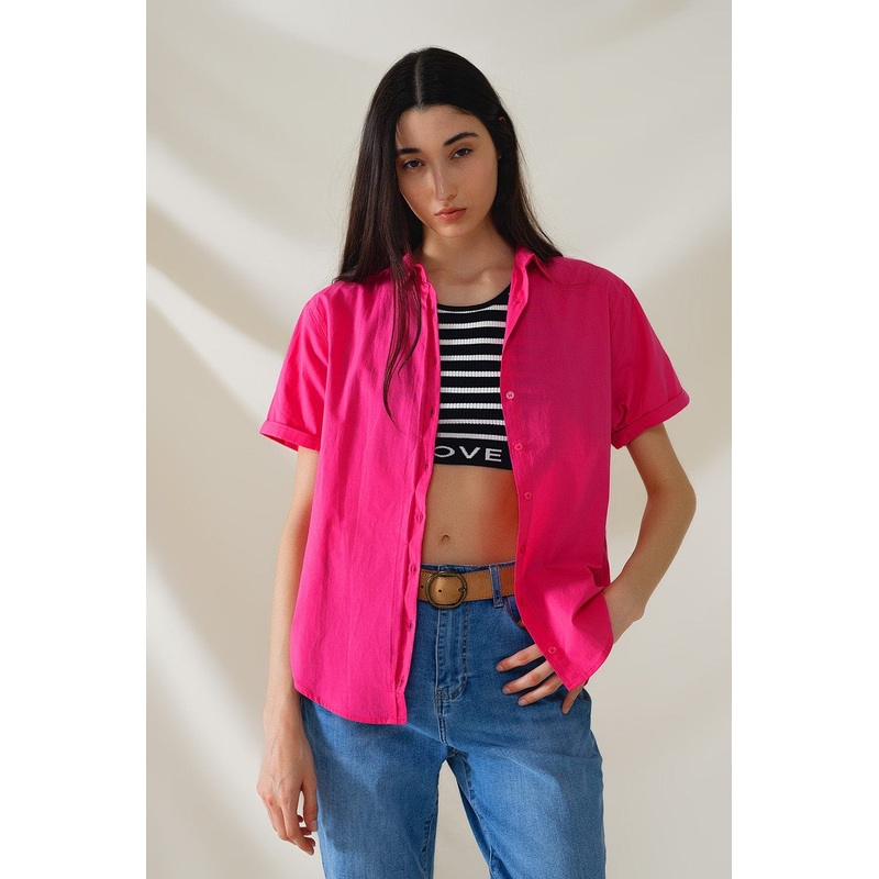 Short Sleeve Relaxed Button Up Shirt In Fuchsia