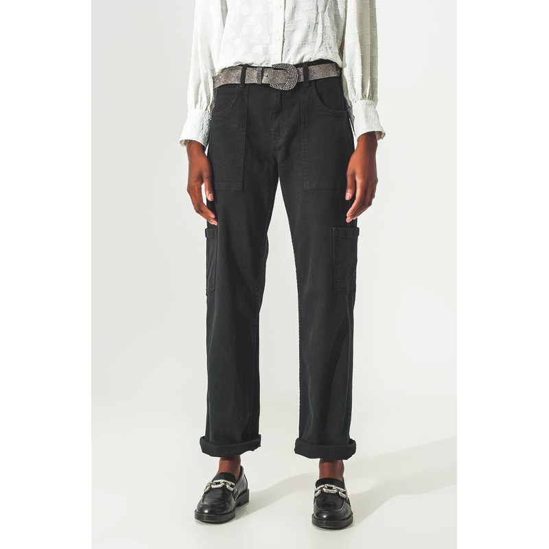 Straight Leg Cargo Pants In Black