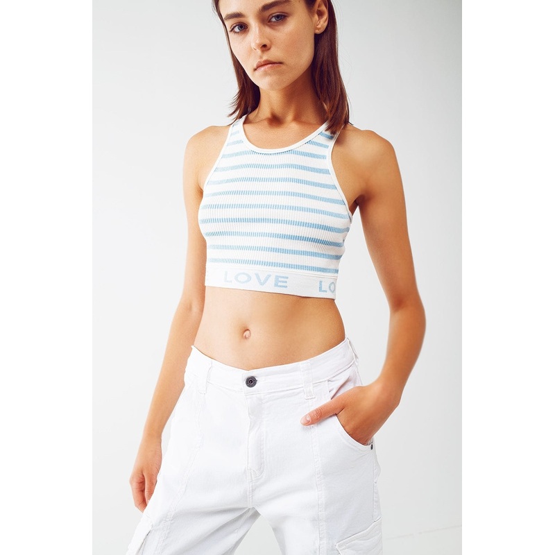 Striped Cropped Top With Love Text In Blue