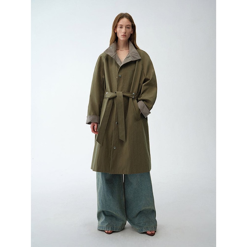 “Urban Island” Retro Plaid Mid-Length Workwear Lapel Trench Coat