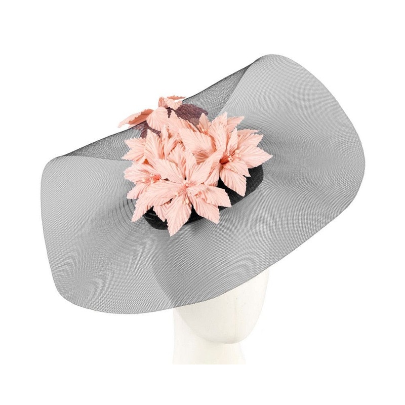 Wide brim black & pink fascinator hat by Fillies Collection