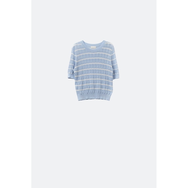 Baby Blue Openwork Knit Top With Short Sleeves And White Stripes