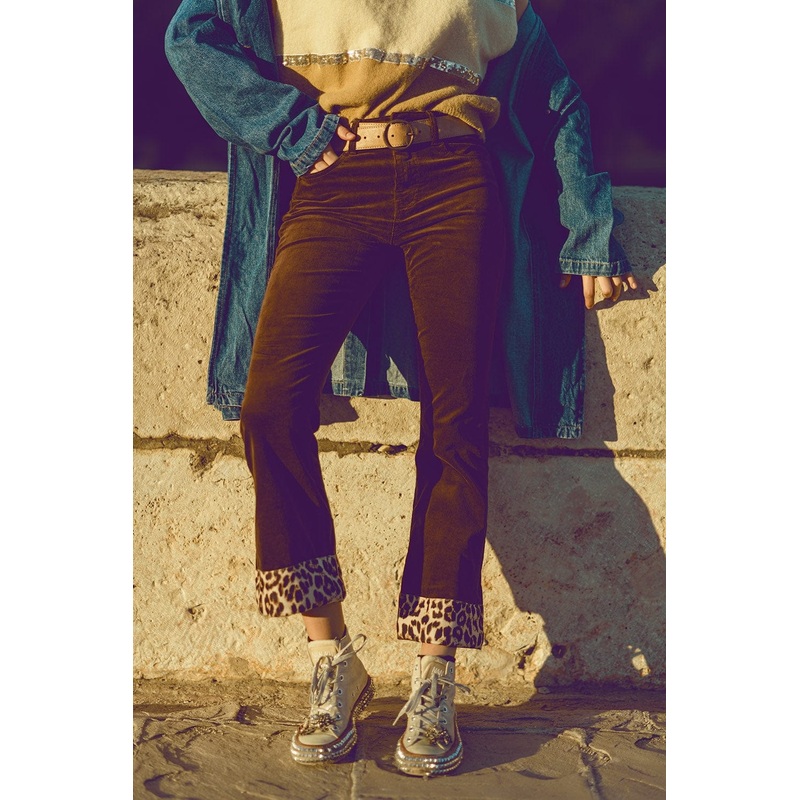 Brown Corduroy Flare Pants With Leopard Print At The Bottom