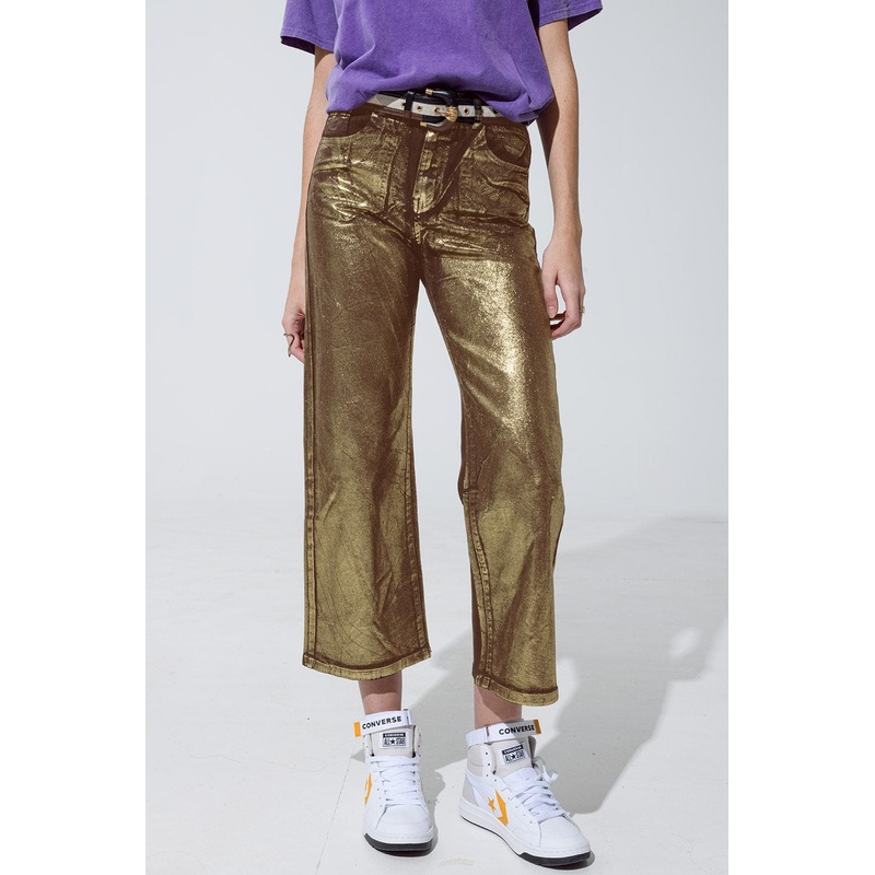 Brown Straight Leg Jeans With Gold Metallic Glow