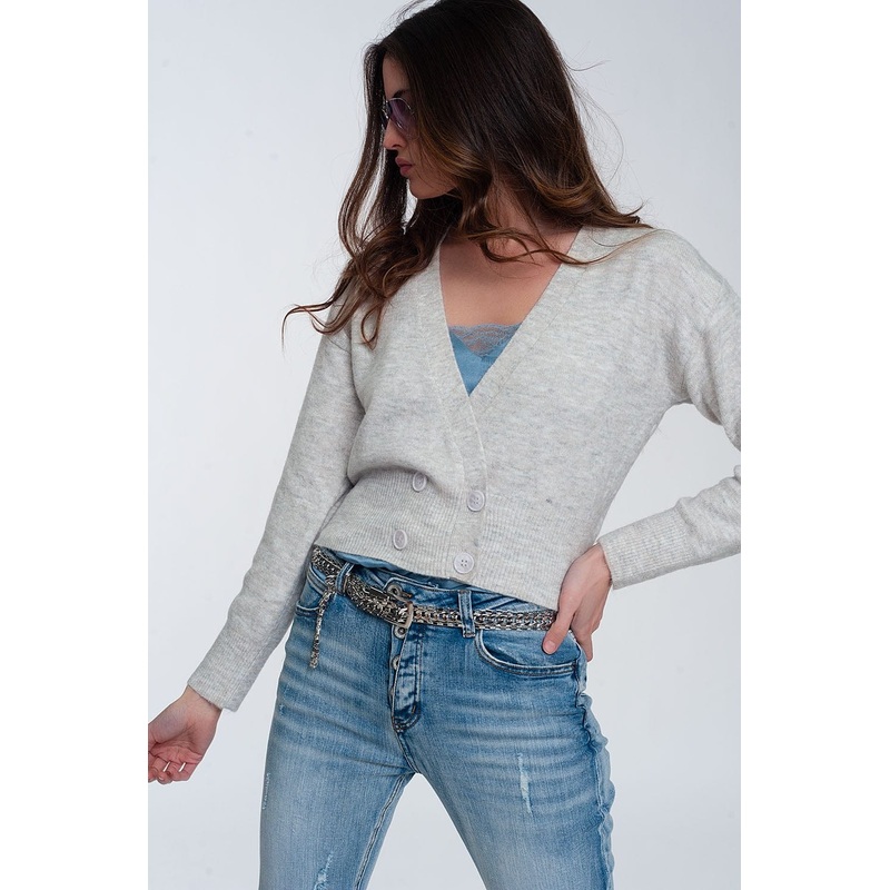Button Front Cropped Knit Cardigan In Light Gray