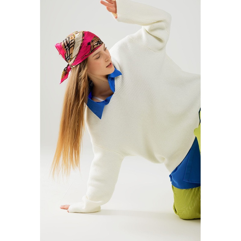 Cream Oversized Knit Sweater With V Neck