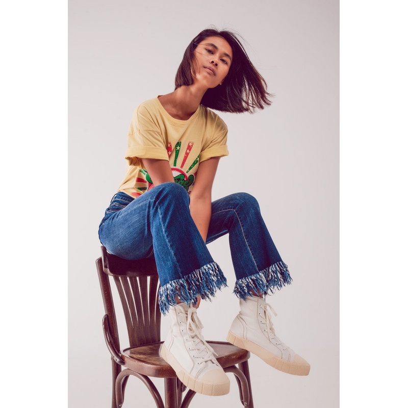 Flare Straight Leg Jeans With Raw Hem Edge In Deep Blue