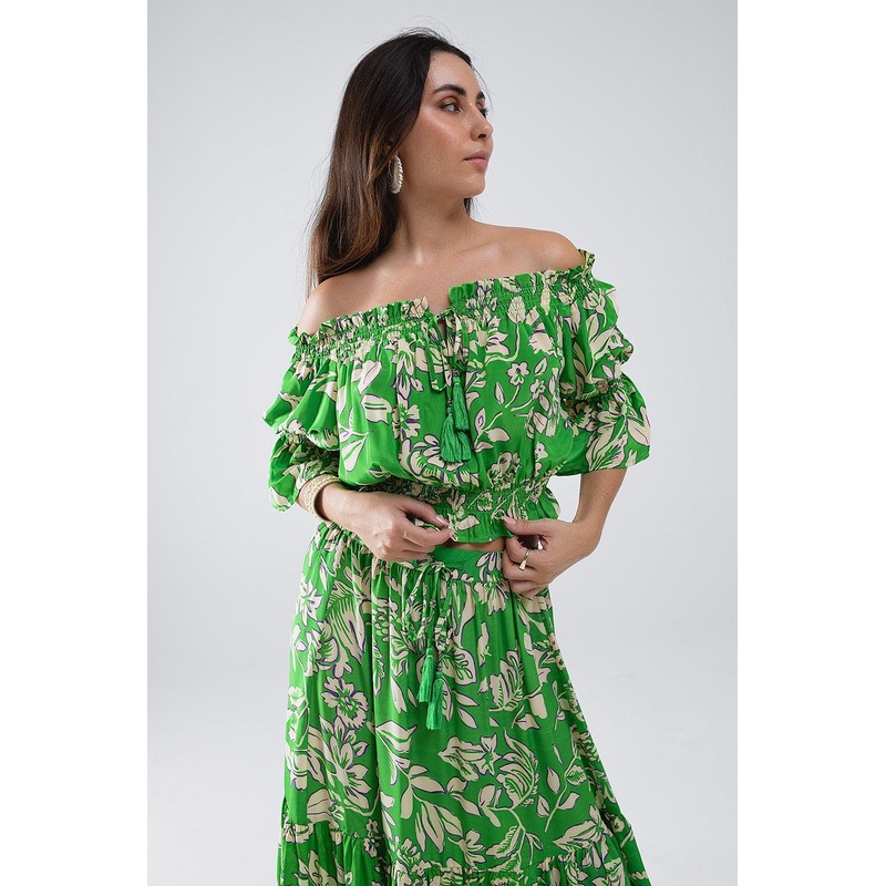 Green Off The Shoulder Top With Elastic Waist In Floral Print