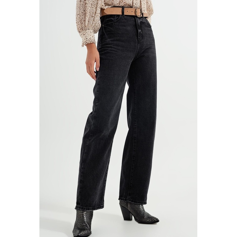 High Rise Straight Jeans In Washed Black