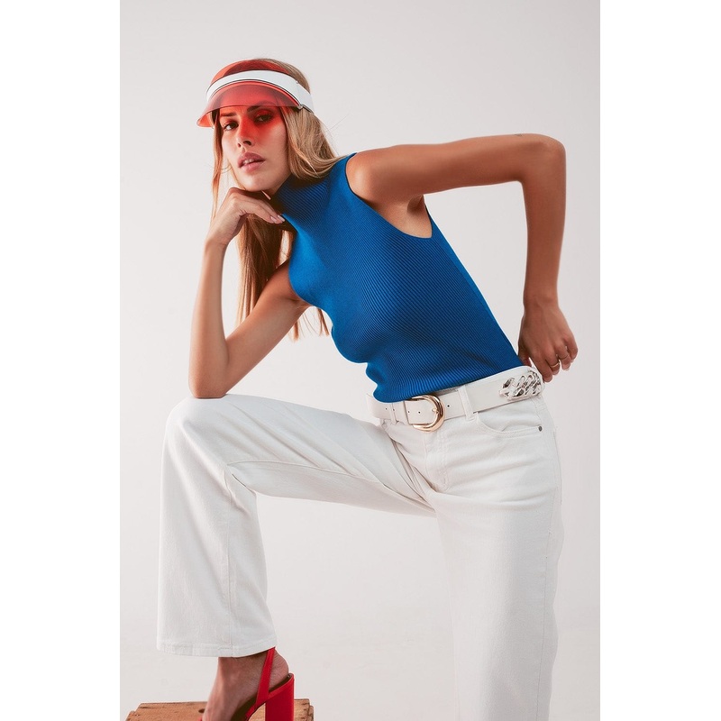 Knitted High Neck Top In Blue