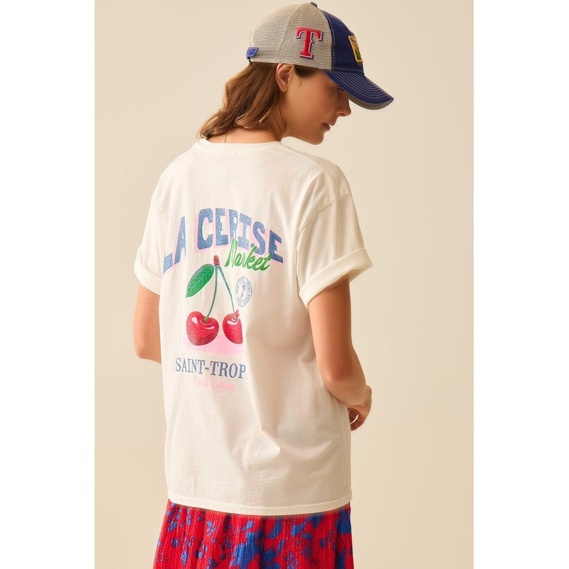 Made In Italy White T-Shirt With La Cerise Market Saint-Tropez Graphic
