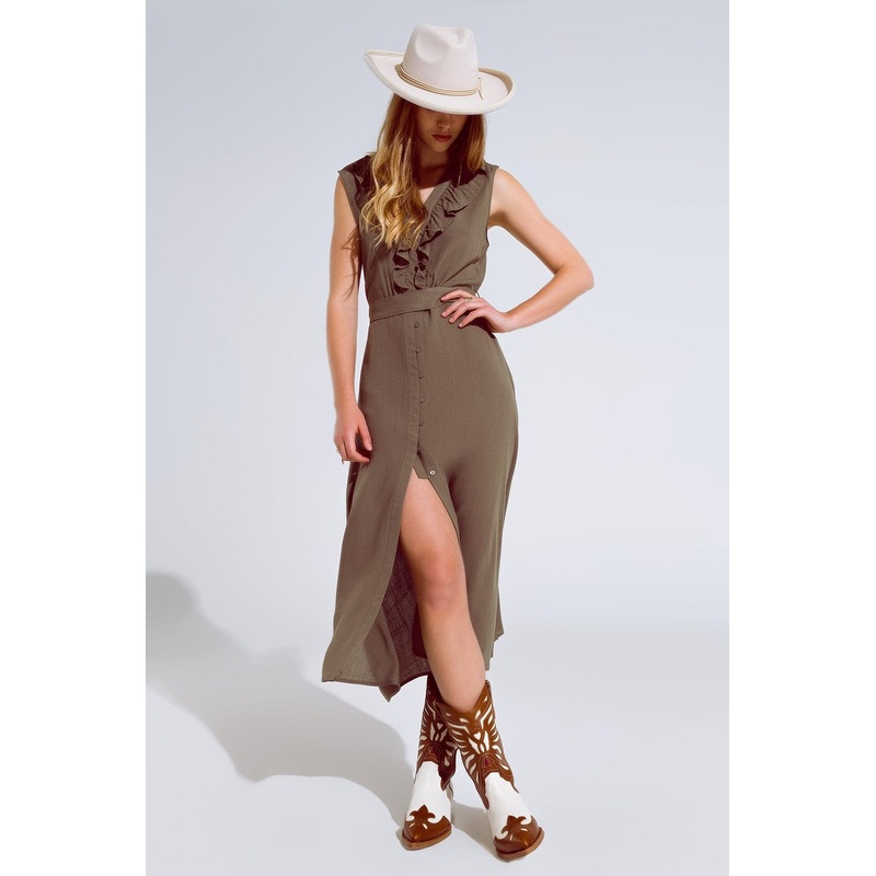 Maxi Dress In Khaki With Ruffle And Button Detail