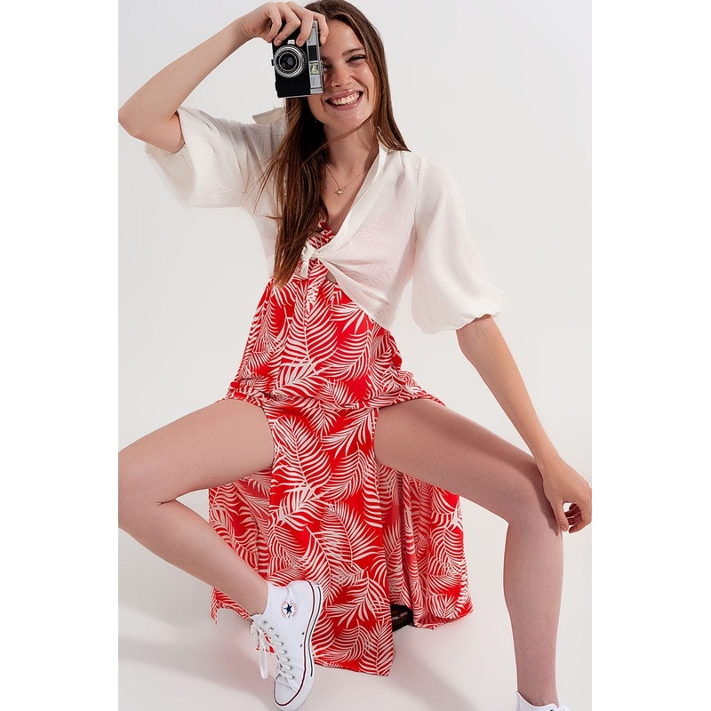 Maxi Dress With Splits In Red Leaves Print