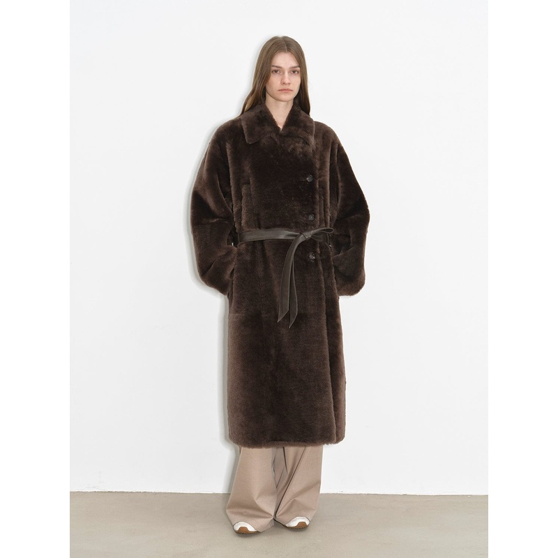 “Mocha Phantom” Merino Wool Dropped Shoulder Long Asymmetric Placket Sheepskin Coat