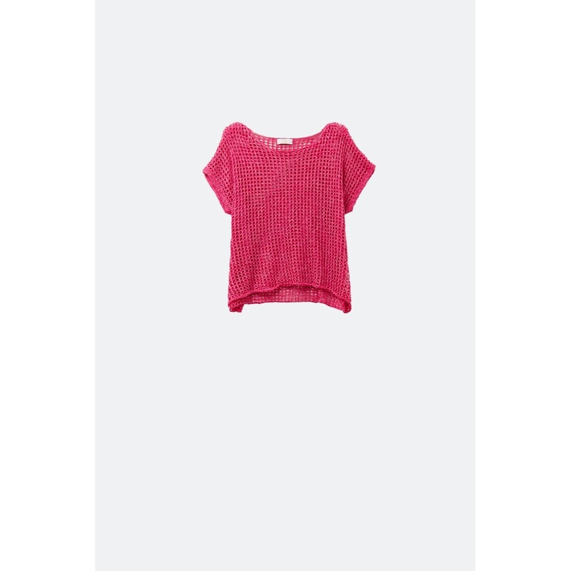 Open Knit Crochet Dropped Sleeved Top In Fuschia