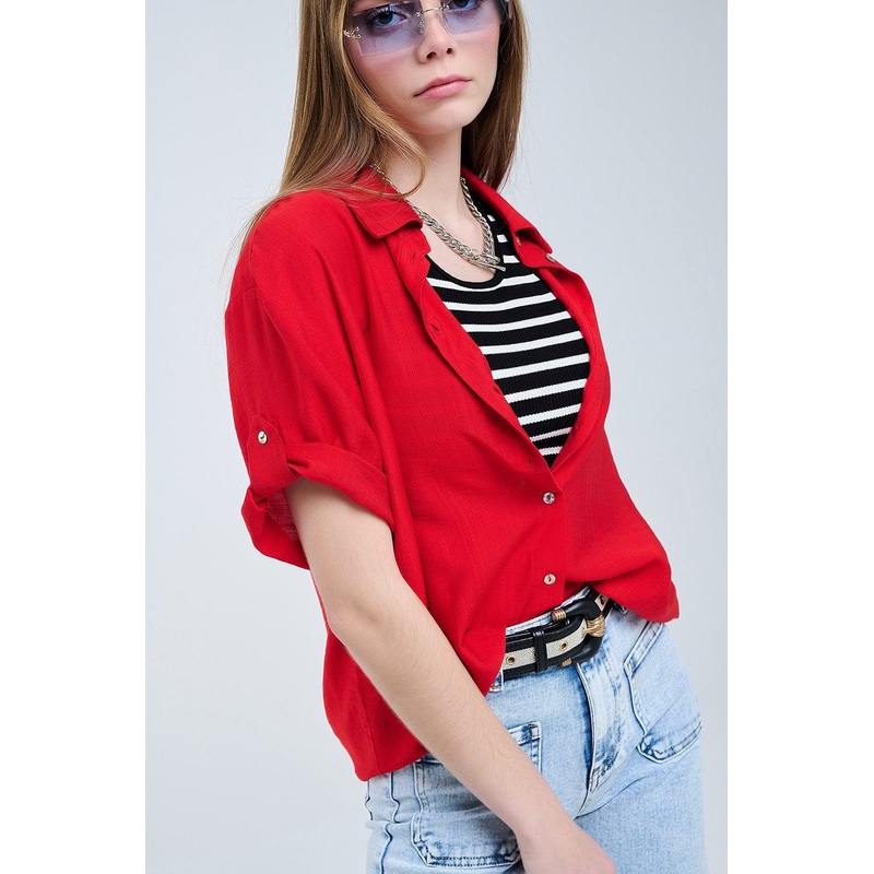 Red Shirt With Short Sleeves And Pleat On The Sleeve