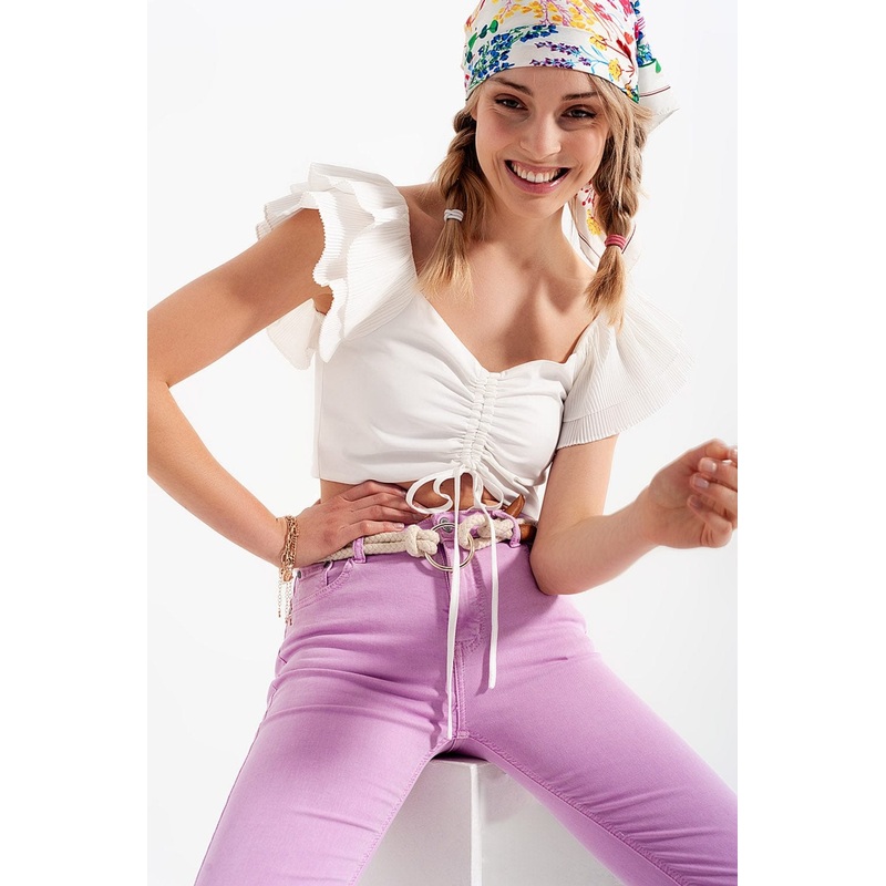 Ruched Crop Top With Volume Sleeve In White