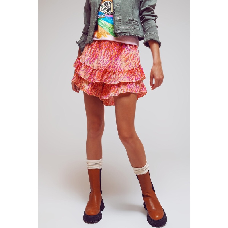 Shorts With Frilly Hem In Abstract Zebra Print In Orange And Fuchsia